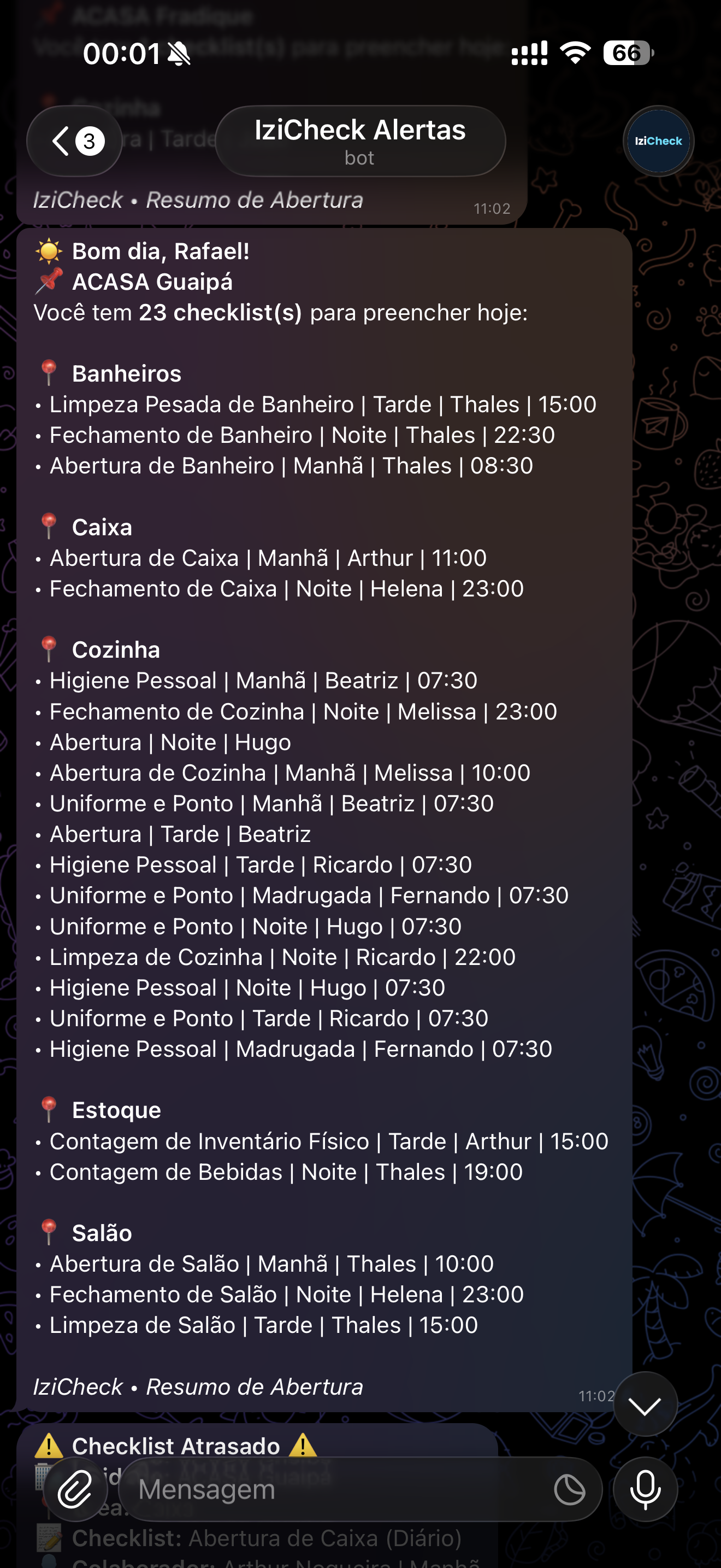 Alerta de checklist atrasado no Telegram